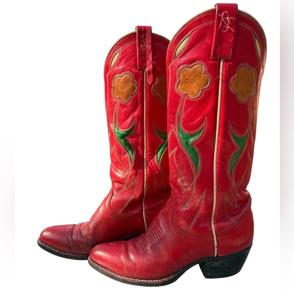 Ralph Lauren Polo Western Cowboy Boots Vintage 1980s Red Leather Flower Inlay - Picture 1 of 16